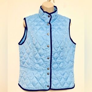 Eddie Bauer down vest size large baby blue black trim. Snap closure